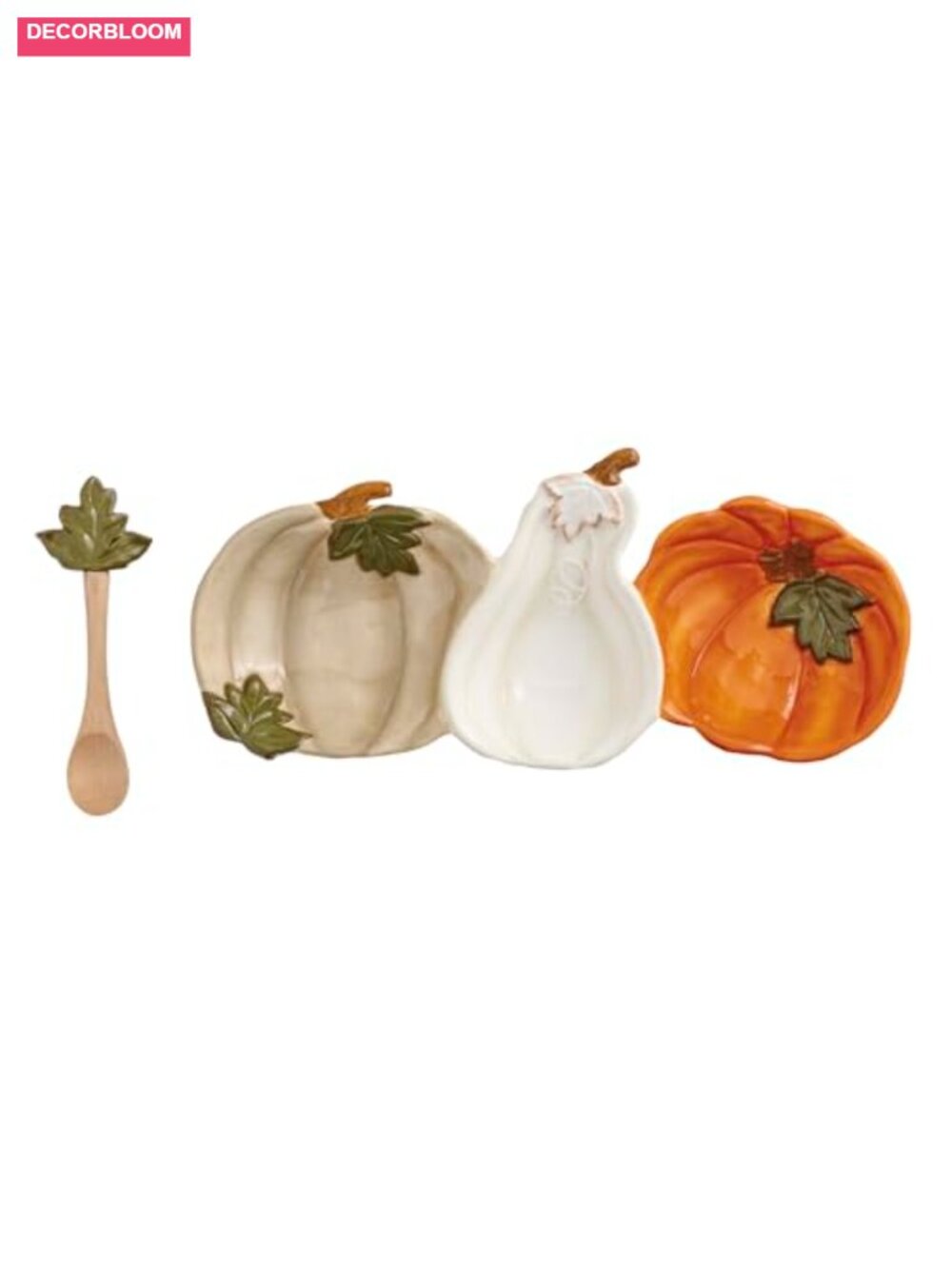 Stoneware Triple Dip Server with Leaf Design and Mango Wood Spoon